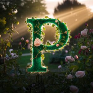 Elegant P name DP in glowing emerald letters, wrapped in blooming roses and bathed in golden-pink sunrise light