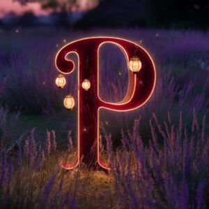 Beautiful P name DP in deep red, adorned with glowing lanterns and stars, set against a twilight meadow.