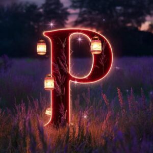 Majestic P name DP glowing in ruby-red letters, surrounded by floating lanterns and sparkling stars in twilight.