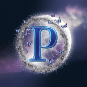 Magical P name DP with sparkling silver dust, fluttering butterflies, and purple hues lighting up the sky