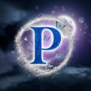 Enchanting P name DP with royal blue glow, silver dust swirls, and twinkling stars in a moonlit night.