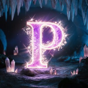 Mesmerizing P name DP with shining crystals and floating orbs of light, set in an enchanted, glowing cave.