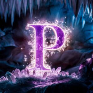 Beautiful P name DP in purple, encircled by shimmering crystals and cool blue lighting in a magical cave.