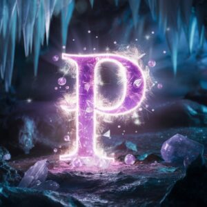 Glowing P name DP in radiant purple, surrounded by sparkling crystals and ethereal orbs in a mystical cave.