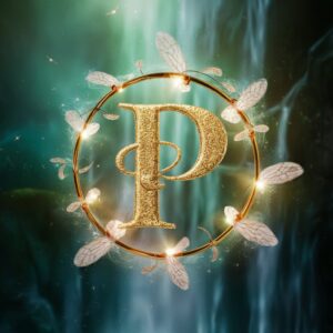 Enchanting P name DP glowing in golden letters, fireflies, and warm lights in a mystical waterfall setting.