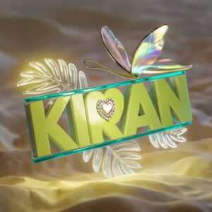 Kiran" in vibrant beachy hues, glowing with a radiant heart charm and a shimmering glass butterfly.