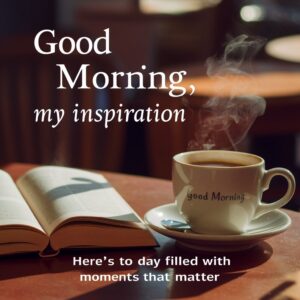 "A charming Good Morning image with a steaming coffee cup, an open book, and a calm morning glow