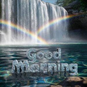 A rainbow glimmers in a waterfall mist, welcoming a refreshing Good Morning." 