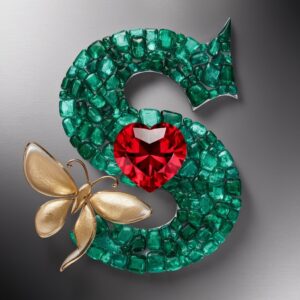 The letter "S" in sparkling emerald green, complemented by a radiant ruby heart and delicate glass butterfly, against a sleek silver backdrop