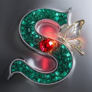 An enchanting "S" logo made of precious emeralds and a ruby heart, highlighted by a whimsical butterfly, set on a polished silver background. 