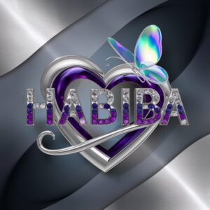 Twilight-inspired 3D logo for Habiba, featuring a glowing heart and a glass butterfly on a silver gradient background." 