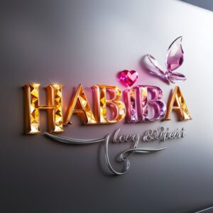 Habiba" designed in gem-like letters with a gradient of warm yellows to deep purples, accented by a luminous pink heart and translucent butterfly, set against a sleek silver backdrop.