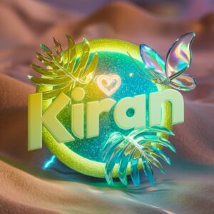 A tropical-inspired "Kiran" logo with bold lime, aqua, and yellow gradients, accented by neon palm leaves.