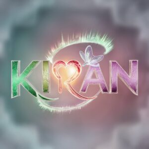 A luminous 3D logo for "Kiran" with aurora hues, radiant heart, and a frosty glass butterfly