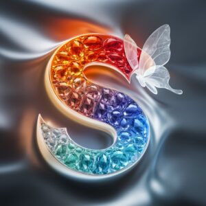 A mesmerizing 3D logo of "S" featuring vibrant gemstone colors and a whimsical butterfly, glowing softly in golden light. 