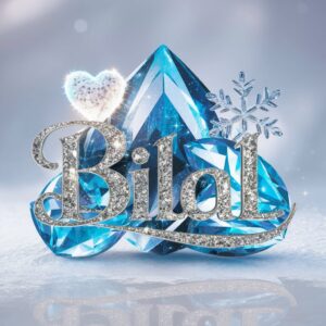 Name 'Bilal' in frosted blues and silvers, accented by crystal-clear snowflake details