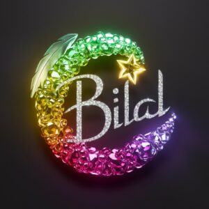 A 3D logo of 'Bilal' glowing with green-to-purple gems, adorned by a star and a feather on black