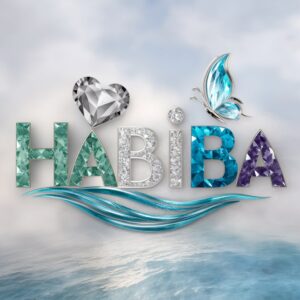 "Habiba’s 3D logo with ocean-inspired colors, glowing heart, and serene butterfly on a silver background."