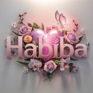 Blushing garden-inspired 3D logo for Habiba with delicate letters, a glowing heart, and butterfly details."