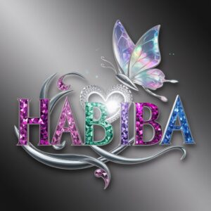 Magical 3D logo for Habiba with dusky purple-to-midnight blue letters and a glowing silver heart." 