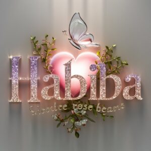 Romantic 3D logo for Habiba, featuring a glass butterfly and floral accents on a muted silver background