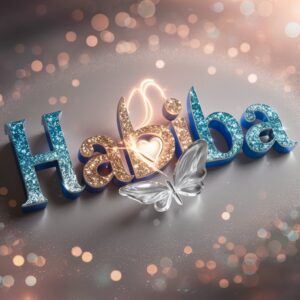 A whimsical 3D "Habiba" logo with gemstone letters in royal blue and peach gradients, featuring a glowing heart and a fairy-like glass butterfly on a silver background with a bokeh effect