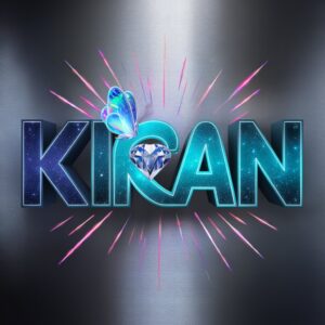 A luminous 3D design of "Kiran" featuring twinkling stars and a cosmic butterfly under glowing neon trails