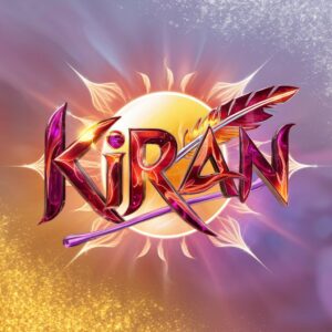 A magical "Kiran" name DP with fiery red-to-purple gradient text and a glowing sun behind the name. 