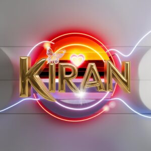 Kiran" in golden shimmering letters, surrounded by fiery red to lavender tones and neon accents