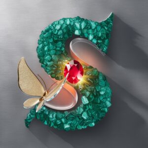 A dazzling 3D "S" logo designed with vibrant emerald gemstones, a glowing ruby heart, and a graceful glass butterfly