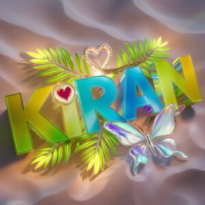 A vivid 3D design of "Kiran" with tropical colors, neon accents, and a sandy-tone background.