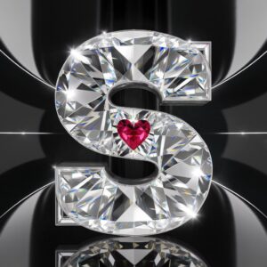 Luxurious 3D 'S' resembling a crystal diamond, with ruby heart accents shining on black."