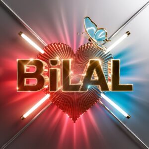 Lively Bilal Name DP with dynamic red-blue transitions, neon streaks, and intricate golden letters.