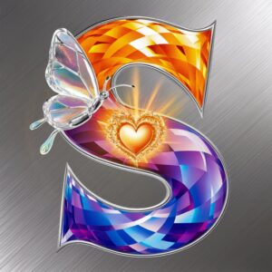 A stunning "S" in 3D with radiant gems and a glowing heart, with a whimsical glass butterfly completing the design, set on a silver background