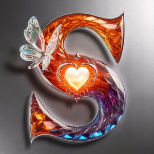 A 3D "S" logo, glowing with orange, purple, and blue gems, a soft golden heart in the center, and a butterfly gently resting nearby. 