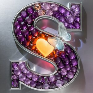 An elegant 3D "S" logo designed with amethyst stones, glowing amber heart, and a whimsical blue butterfly resting delicately above.