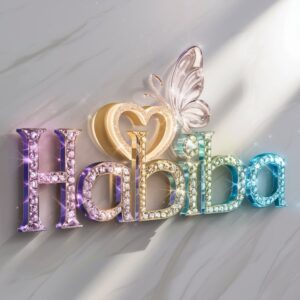 A 3D logo for "Habiba" featuring gemstone letters in purples and aquas, surrounded by a soft golden glow, with a delicate heart and a shimmering glass butterfly on a pearly white background.