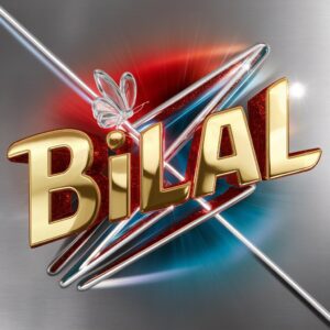 Bold Bilal Name DP with a red-to-blue gradient, neon lights, and glowing gold elements on silver.