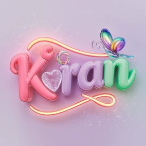 Vibrant 'Kiran' 3D logo with pastel pink, lavender, and mint green tones and a crystal sugar heart