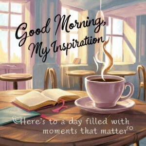 Warm Good Morning scene with coffee cup, open book, and sunlight, set in a cozy café vibe."