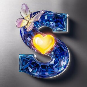 An elegant 3D design of "S," illuminated by a vibrant yellow heart and delicate glass butterfly, with a rich sapphire blue gradient