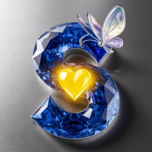 The letter "S" crafted in sparkling sapphire tones, with a bright yellow heart and soft pastel butterfly accents.