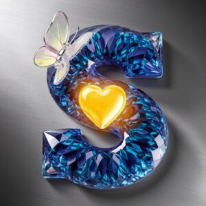 A luxurious 3D "S" logo featuring a gradient of sapphire blues and purples, with a glowing yellow heart and pastel butterfly. 