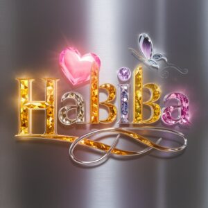 An elegant 3D "Habiba" logo with gemstone letters transitioning from sunset yellow to twilight purple, featuring a glowing pink heart and a glass butterfly on a polished silver background.