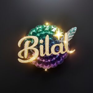 Name 'Bilal' shines in vibrant emerald and purple gradients, enhanced with gold and glass accents