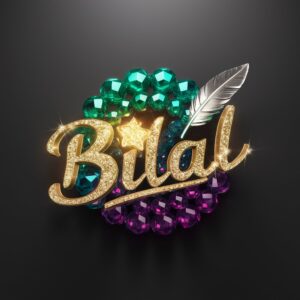 "Bilal's name sparkles in emerald green and royal purple gems with a golden star and glass feather detail."