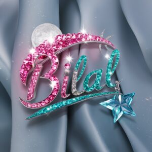 "A dazzling 3D logo of 'Bilal' crafted with pink and blue crystals, complemented by celestial accents."