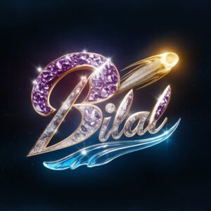 Bilal's name sparkles in a cosmic gradient of violet to galaxy blue, glowing with a golden comet."