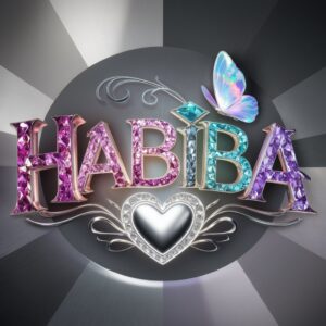 Enchanted 3D logo for Habiba with gemstone gradients, a butterfly, and a twilight-themed background." 