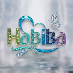 "A dreamy 3D logo for Habiba, featuring shimmering gemstones and a crystal-clear butterfly." 